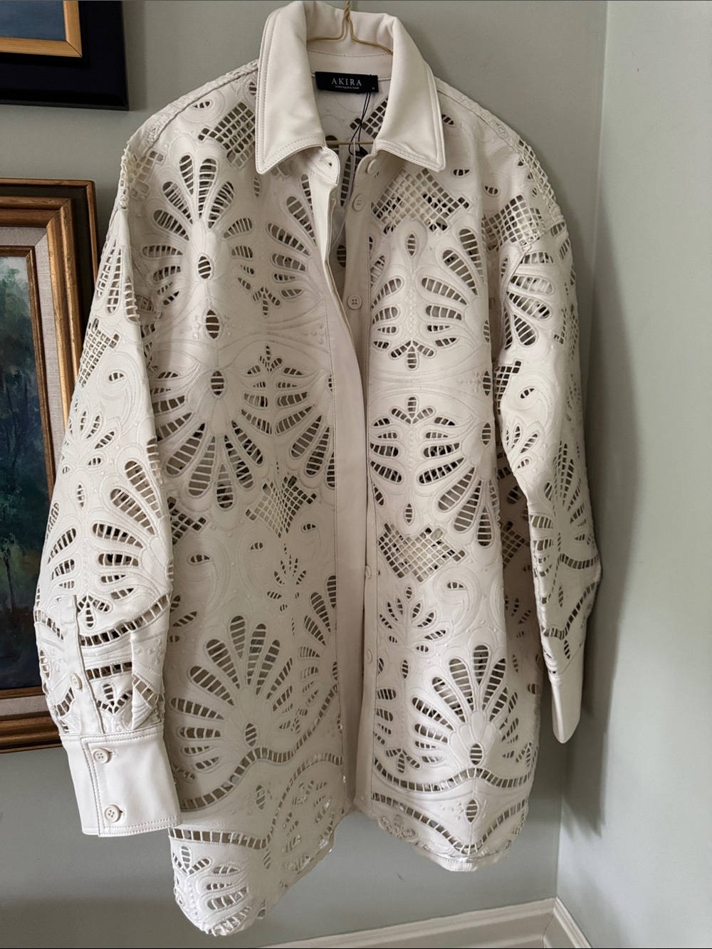 Akira Ivory Laser-Cut Faux Leather Jacket Mini Dress Size M